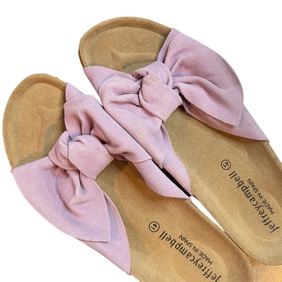 Jeffrey Campbell Sandals Pink Bow Detail Slip On Cork Sole Suede Knot Size 41 - Picture 2 of 5